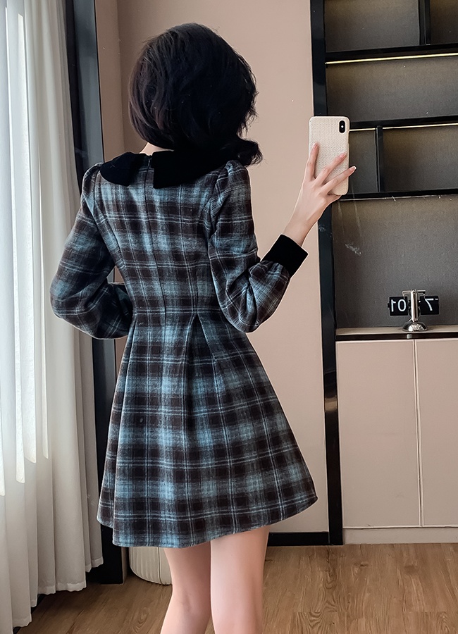 Retro pinched waist France style plaid dress