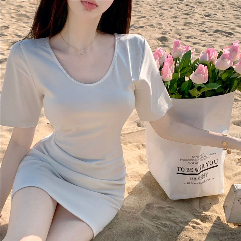 U-neck slim spring dress all-match pure T-shirt for women