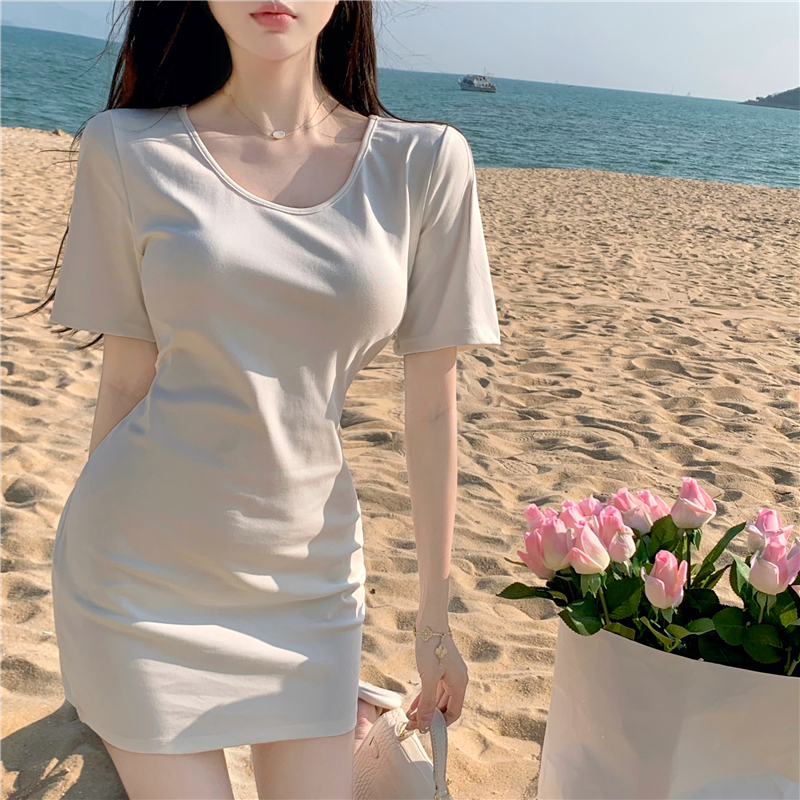 U-neck slim spring dress all-match pure T-shirt for women