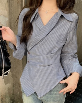 Pinched waist stripe tops Korean style lapel shirt