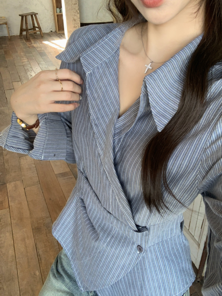 Pinched waist stripe tops Korean style lapel shirt