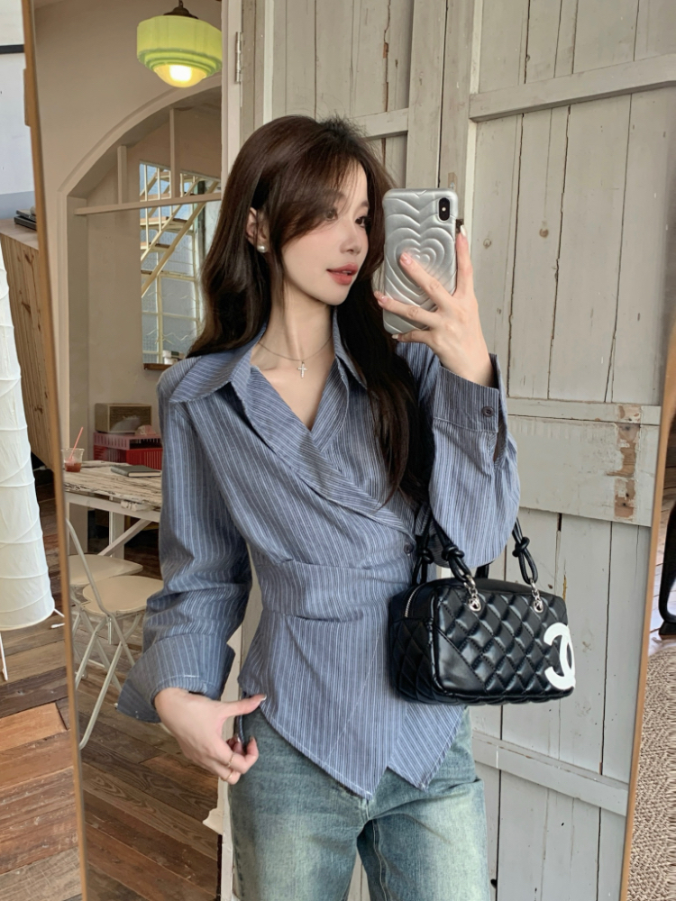 Pinched waist stripe tops Korean style lapel shirt