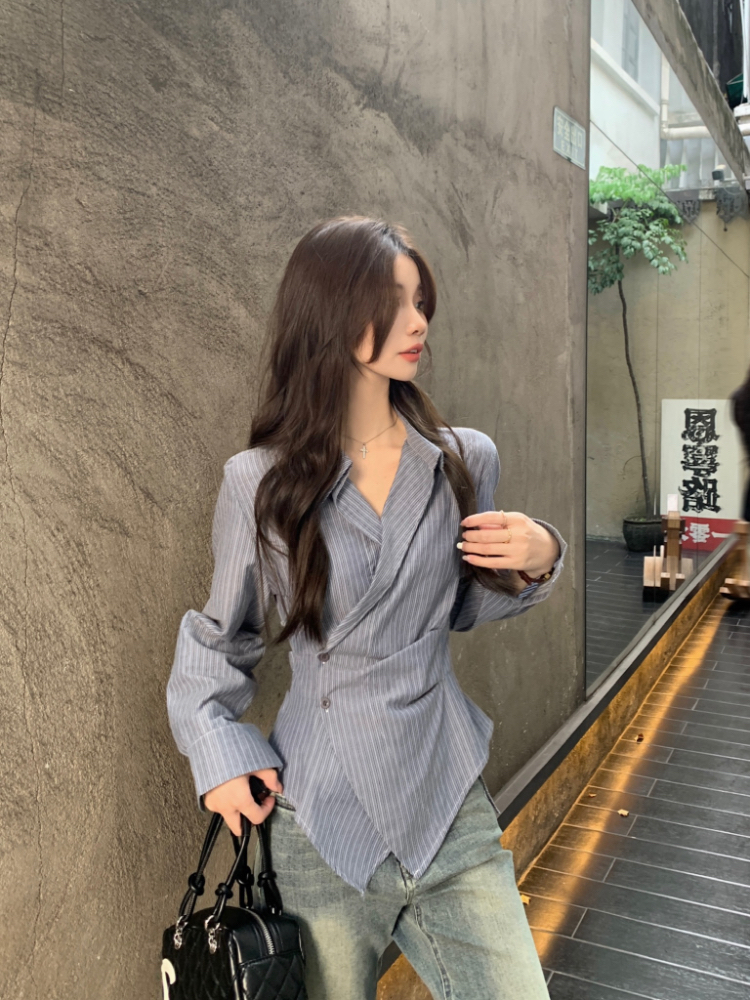 Pinched waist stripe tops Korean style lapel shirt