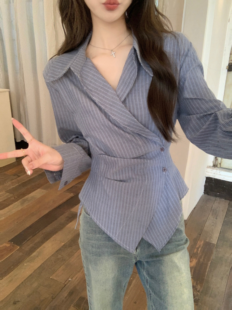 Pinched waist stripe tops Korean style lapel shirt