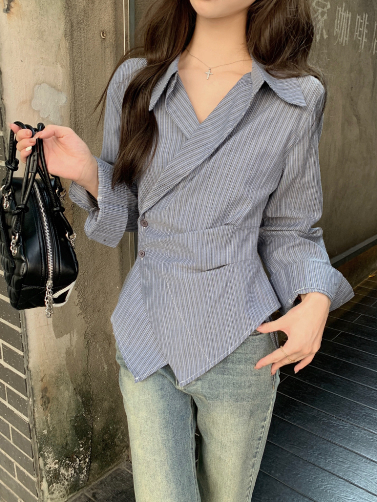 Pinched waist stripe tops Korean style lapel shirt