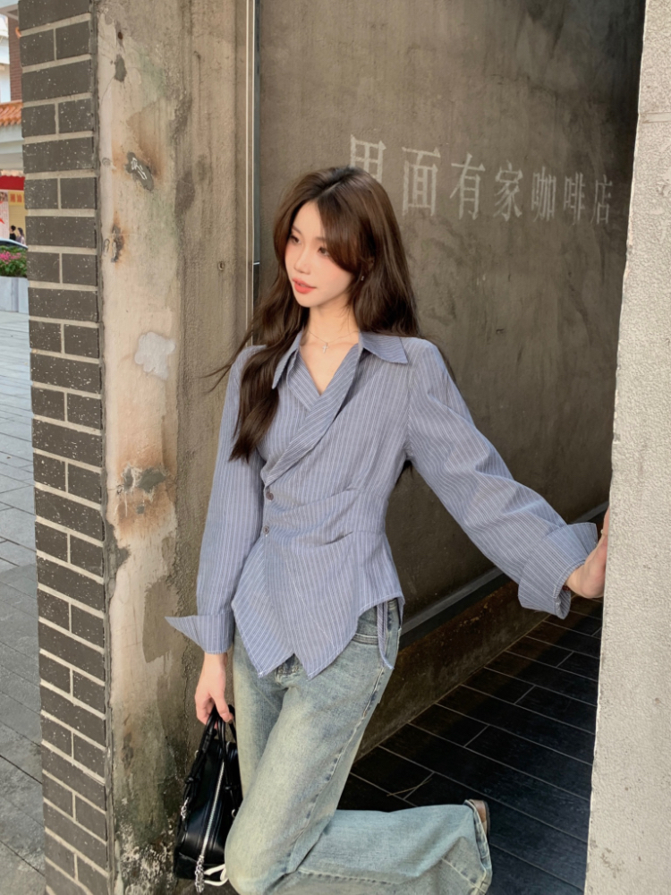 Pinched waist stripe tops Korean style lapel shirt