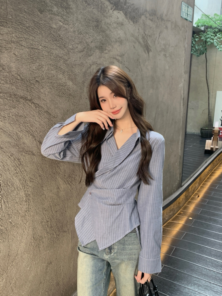 Pinched waist stripe tops Korean style lapel shirt