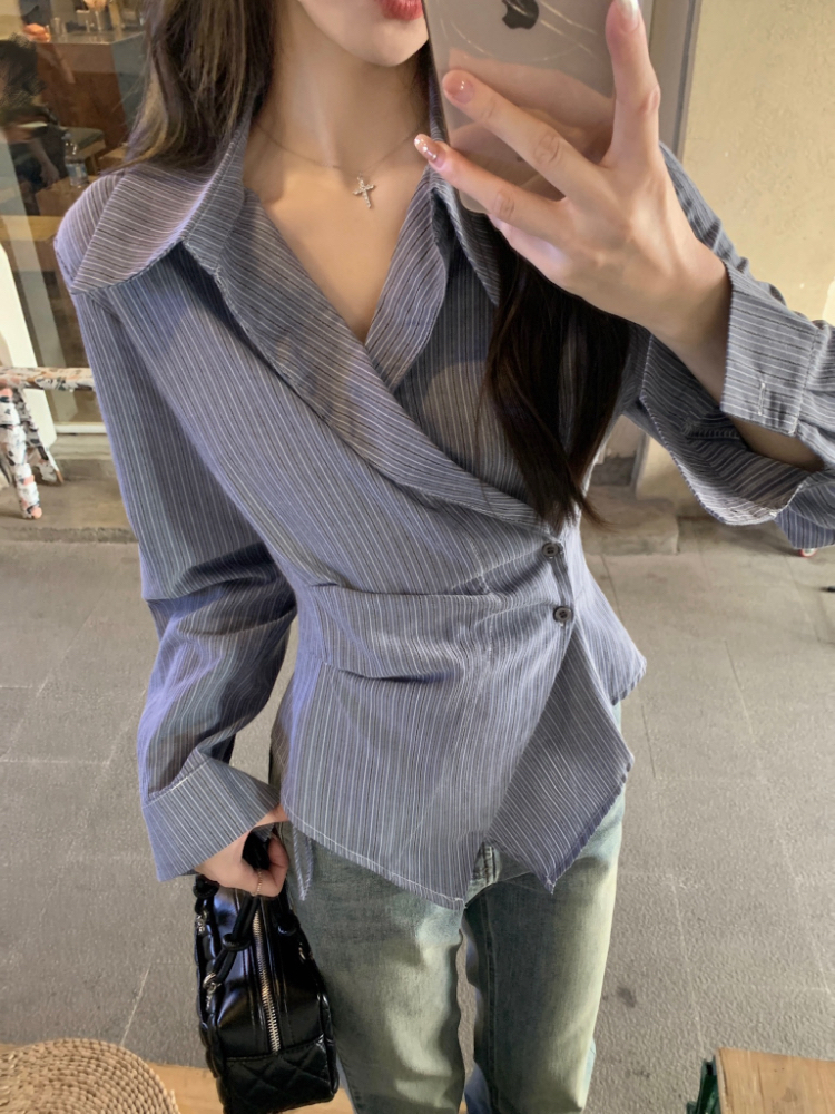 Pinched waist stripe tops Korean style lapel shirt