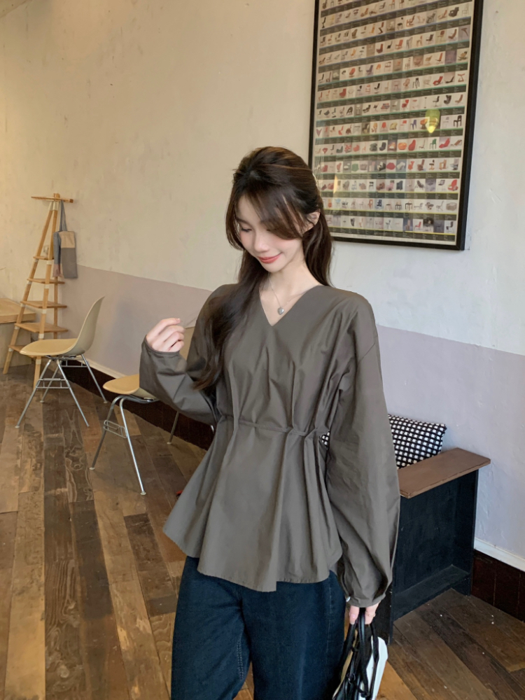 Long sleeve frenum shirt pinched waist V-neck tops