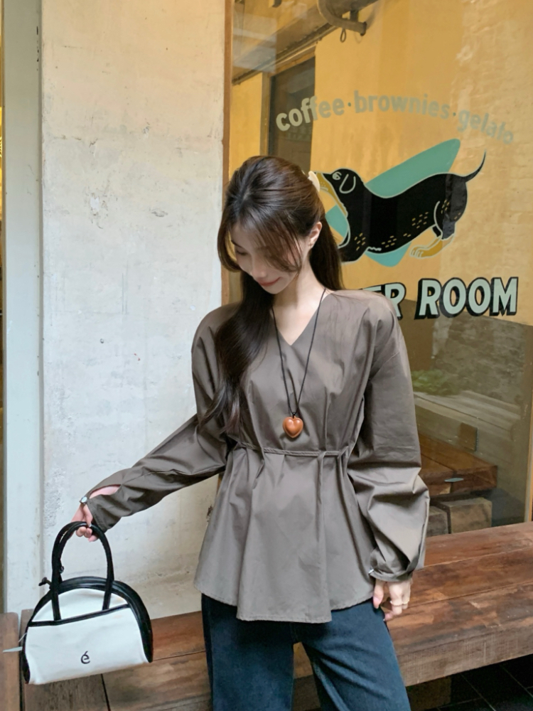 Long sleeve frenum shirt pinched waist V-neck tops