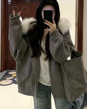 All-match loose cardigan hooded fur collar coat