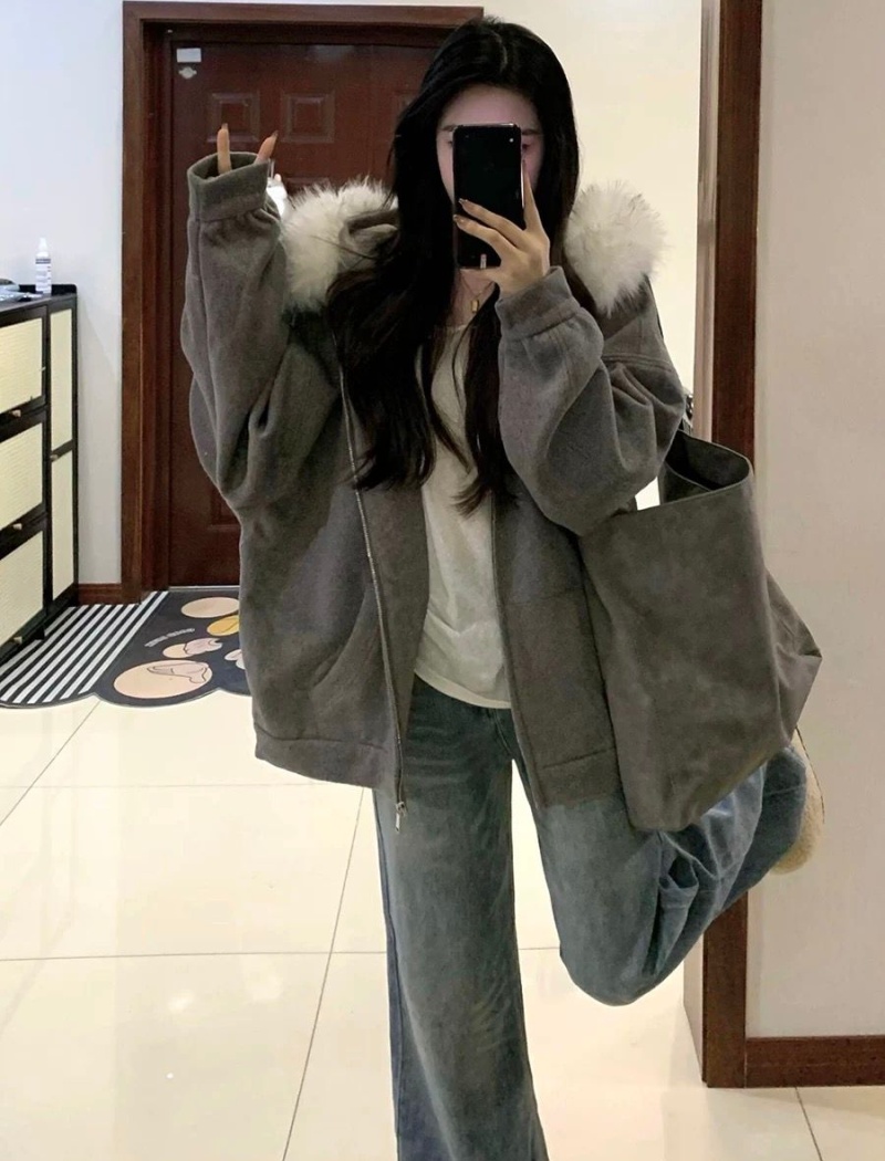 All-match loose cardigan hooded fur collar coat