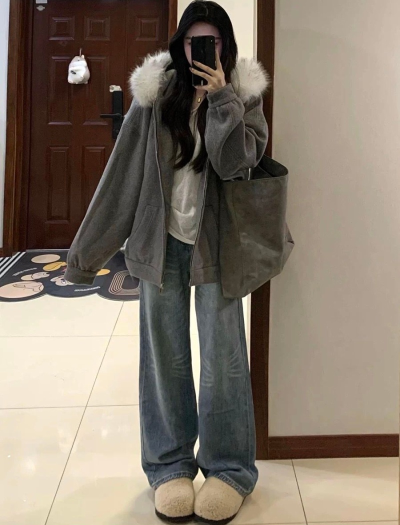 All-match loose cardigan hooded fur collar coat