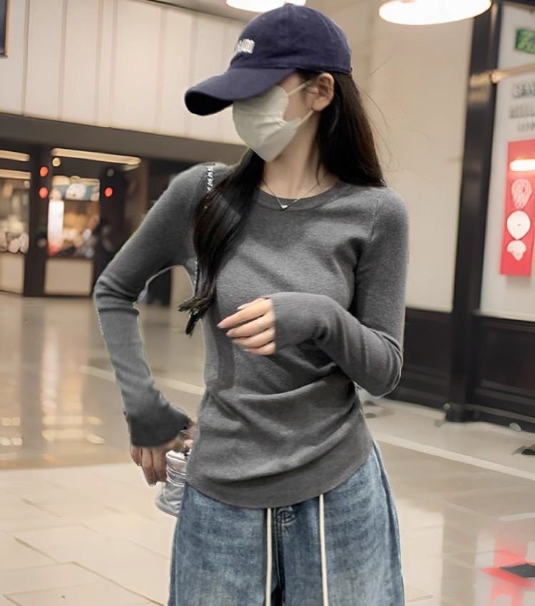 Round neck slim tops long sleeve gray T-shirt for women