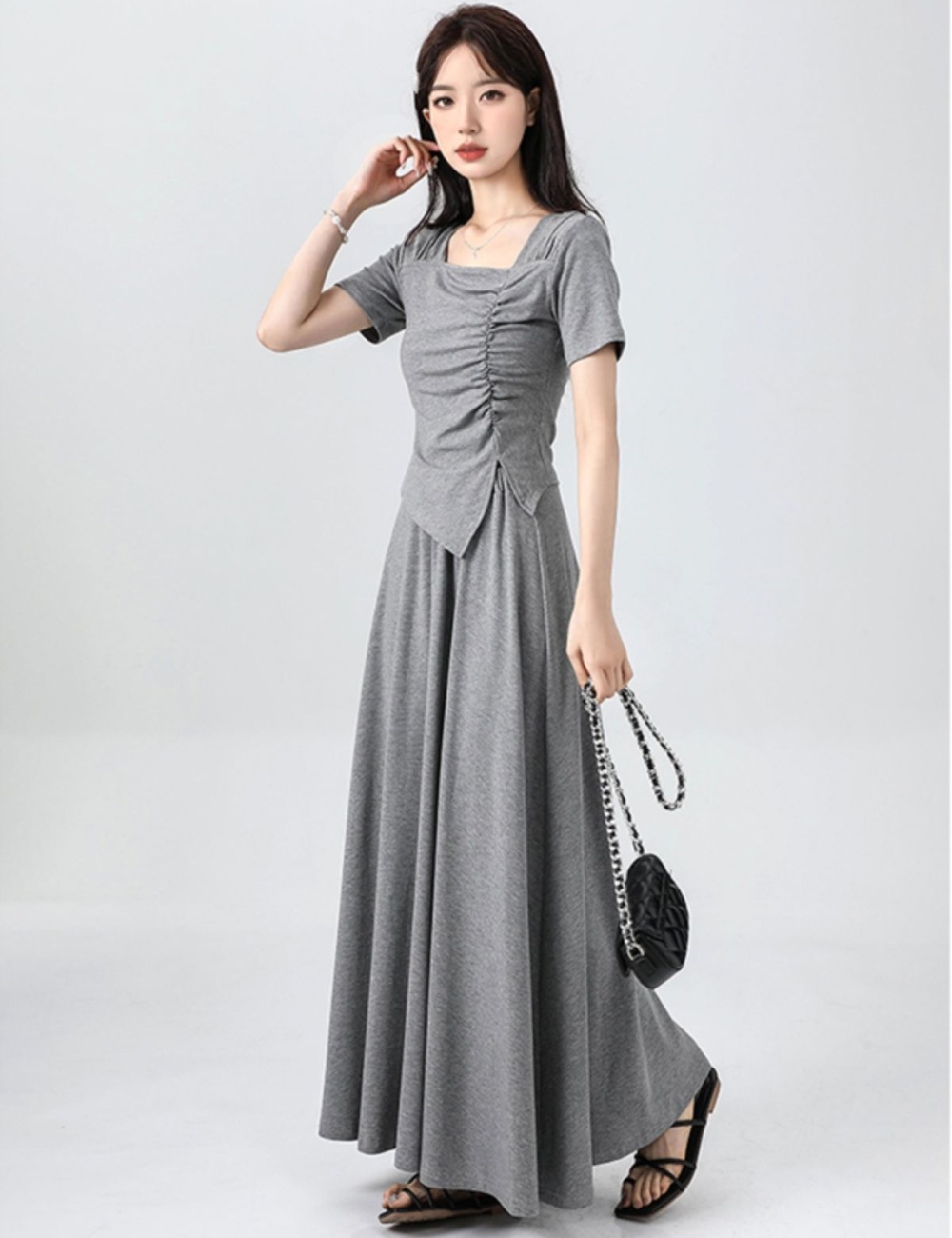 Square collar T-shirt temperament long skirt for women