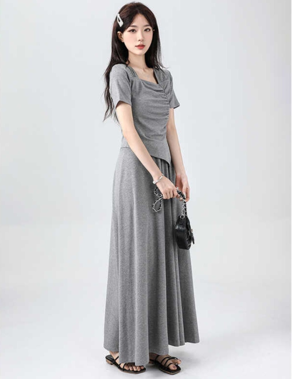 Square collar T-shirt temperament long skirt for women