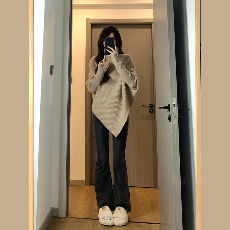 High collar pure Korean style lazy sweater for women