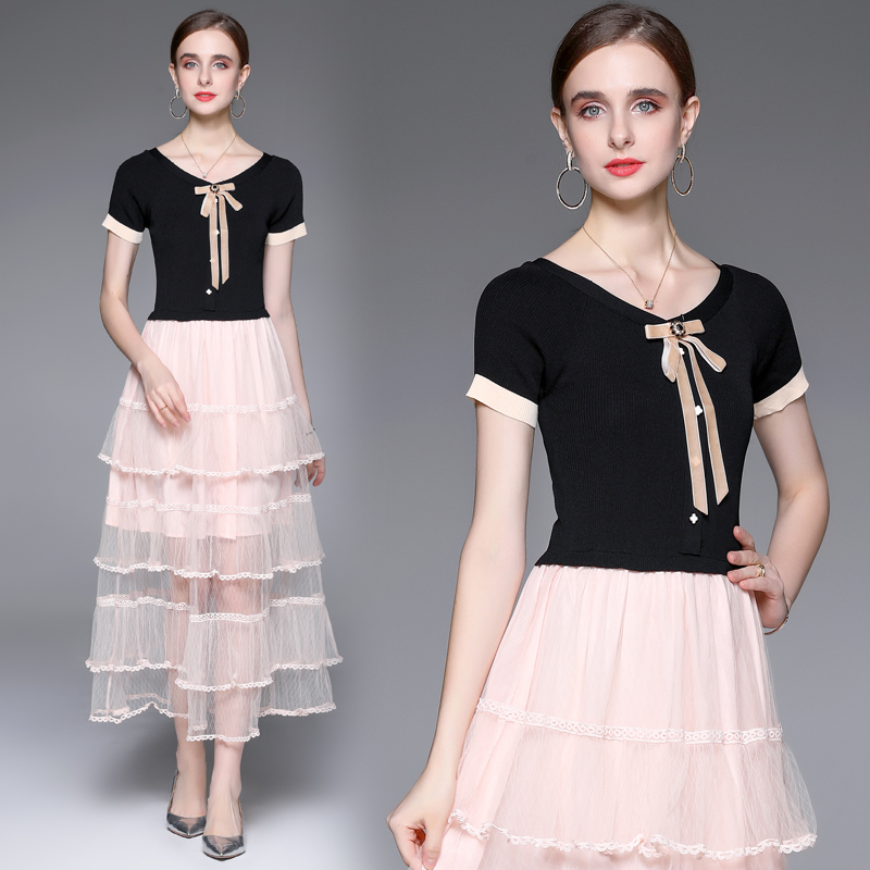 Gauze knitted sweater splice spring and summer dress