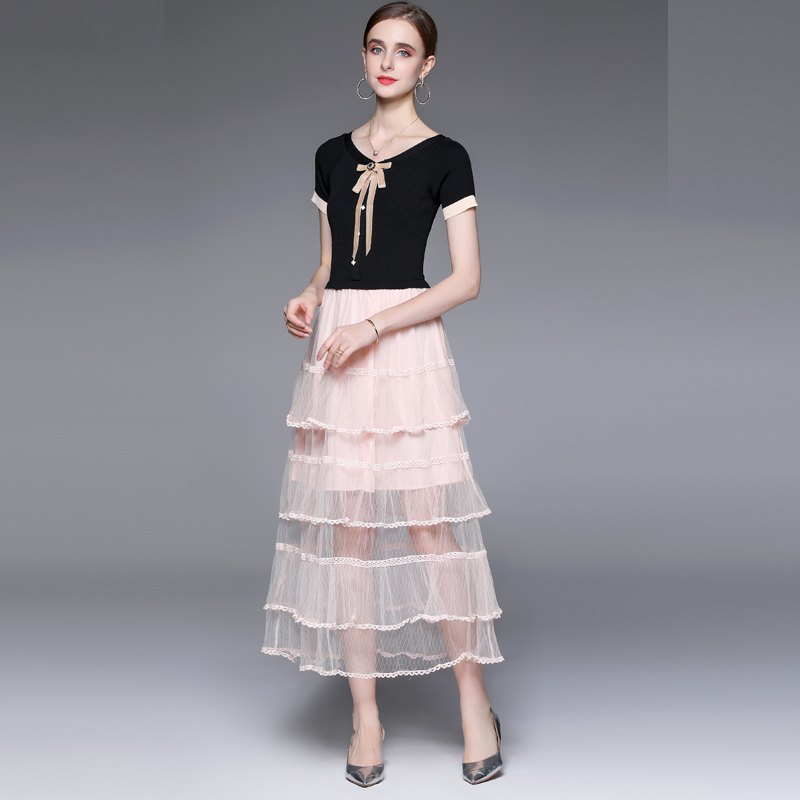 Gauze knitted sweater splice spring and summer dress