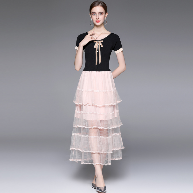 Gauze knitted sweater splice spring and summer dress