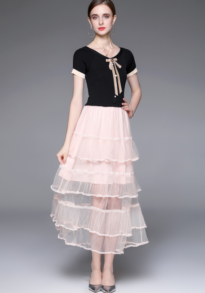 Gauze knitted sweater splice spring and summer dress