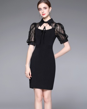 Bow knitted puff sleeve lapel lace dress