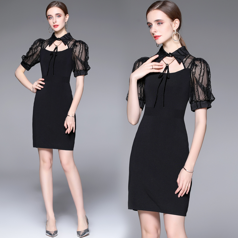 Bow knitted puff sleeve lapel lace dress