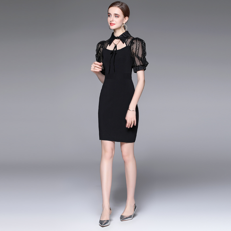 Bow knitted puff sleeve lapel lace dress