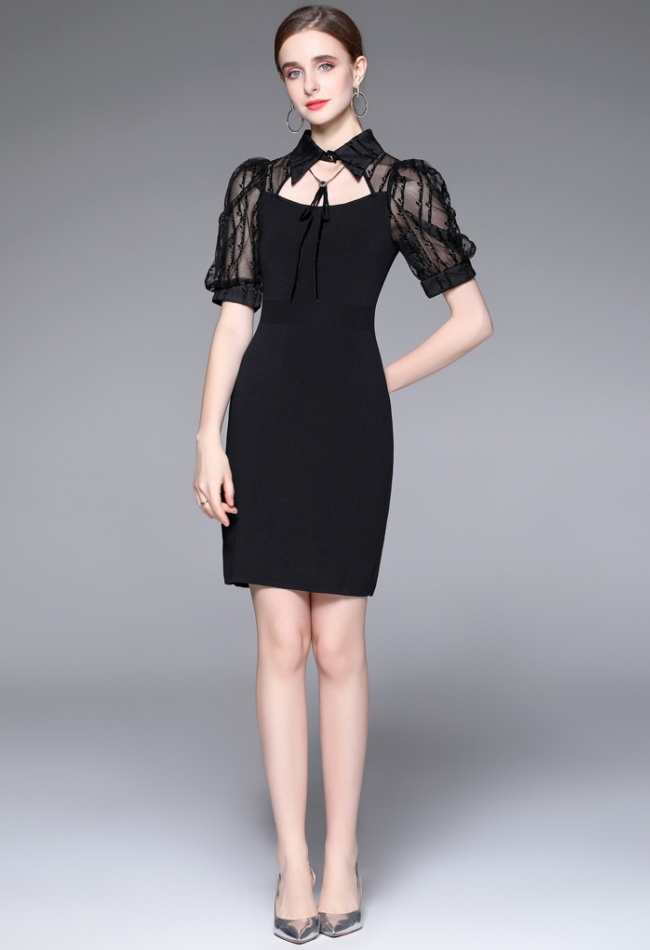 Bow knitted puff sleeve lapel lace dress