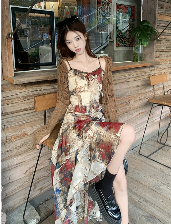 Large yard spring and summer strap dress 2pcs set for women