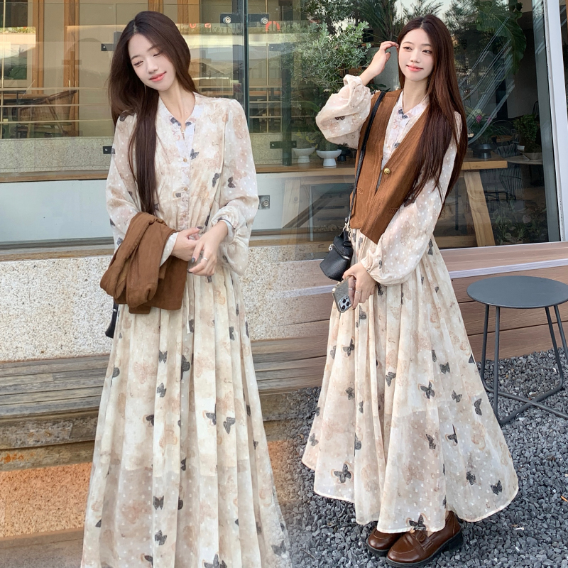 Slim suede spring and summer long dress 2pcs set