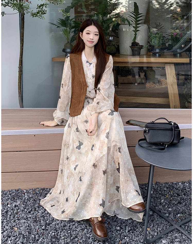 Slim suede spring and summer long dress 2pcs set