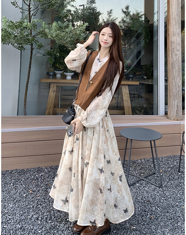 Slim suede spring and summer long dress 2pcs set