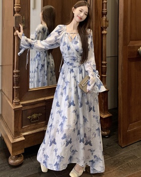 Pinched waist floral long dress printing spring dress for women