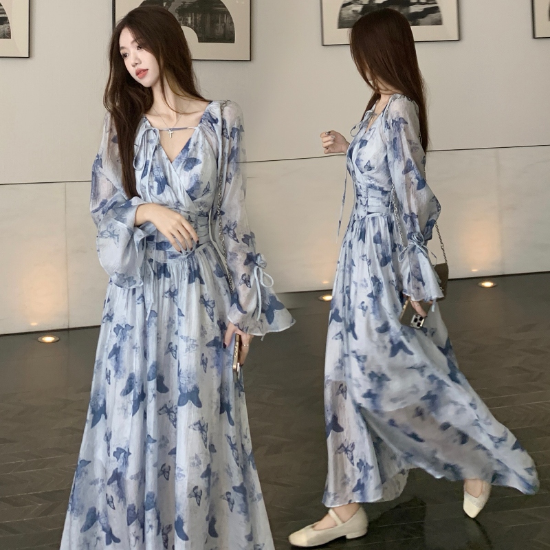 Pinched waist floral long dress printing spring dress for women