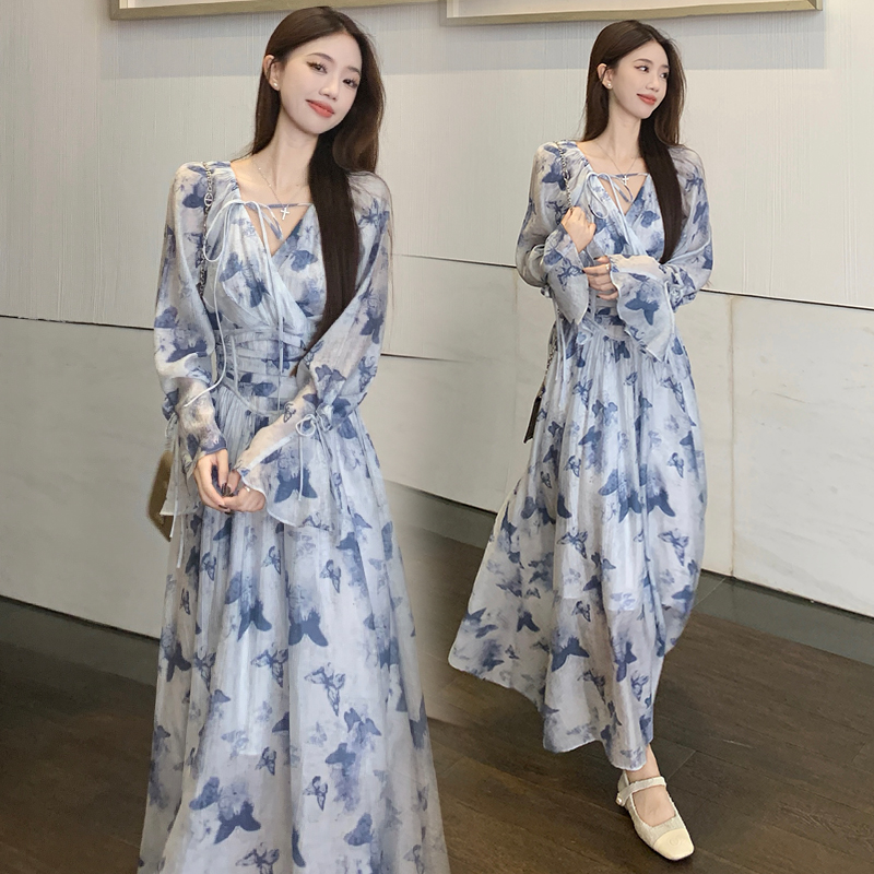 Pinched waist floral long dress printing spring dress for women