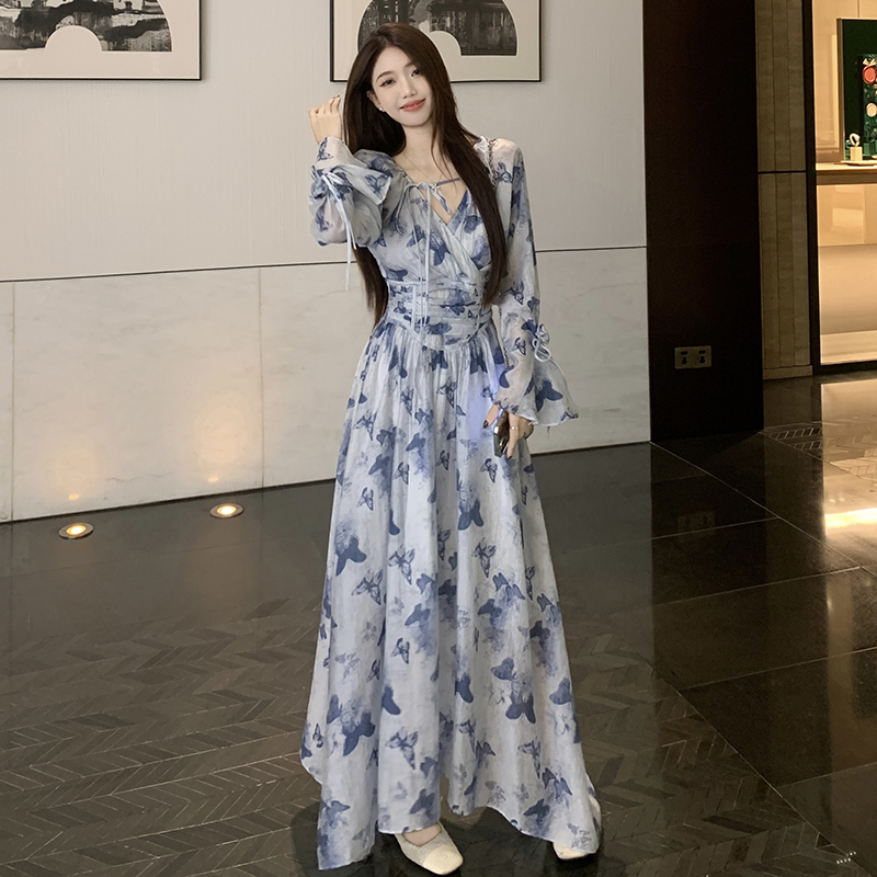 Pinched waist floral long dress printing spring dress for women