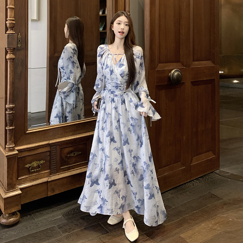 Pinched waist floral long dress printing spring dress for women