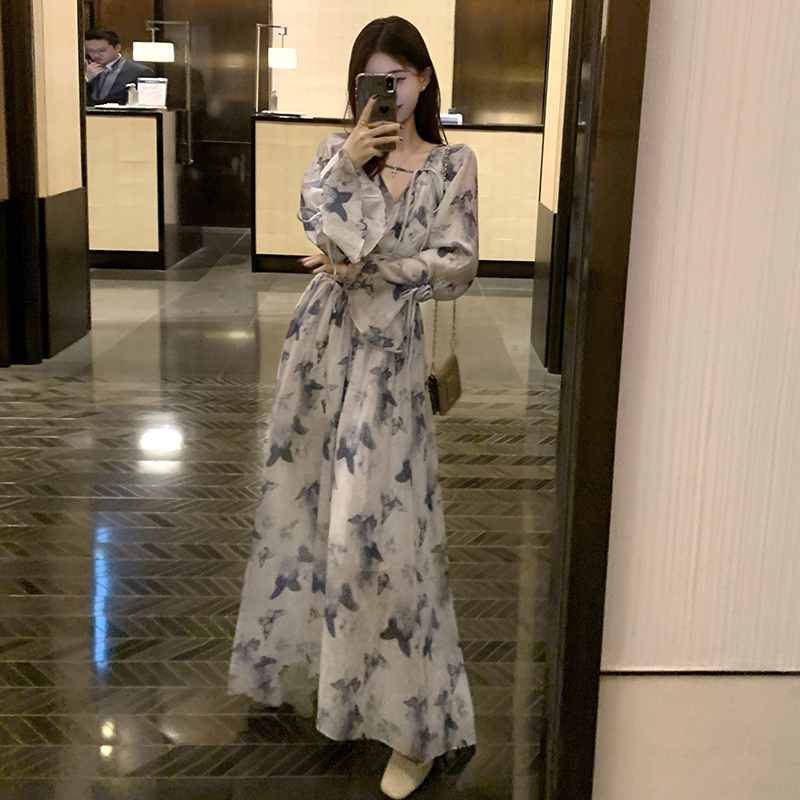 Pinched waist floral long dress printing spring dress for women