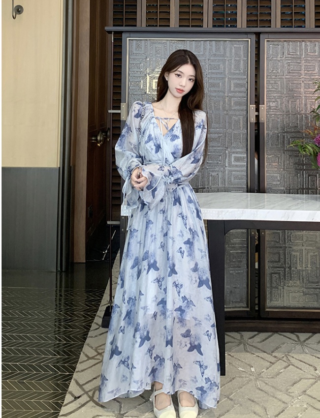 Pinched waist floral long dress printing spring dress for women