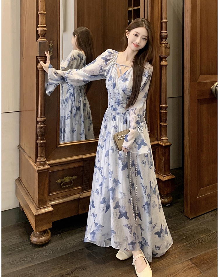 Pinched waist floral long dress printing spring dress for women