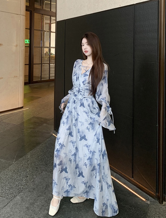 Pinched waist floral long dress printing spring dress for women