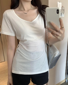 Short sleeve frenum T-shirt pinched waist tops for women