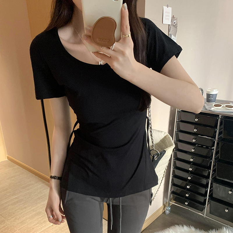 Short sleeve frenum T-shirt pinched waist tops for women