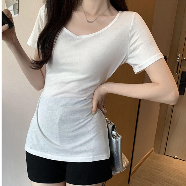 Short sleeve frenum T-shirt pinched waist tops for women