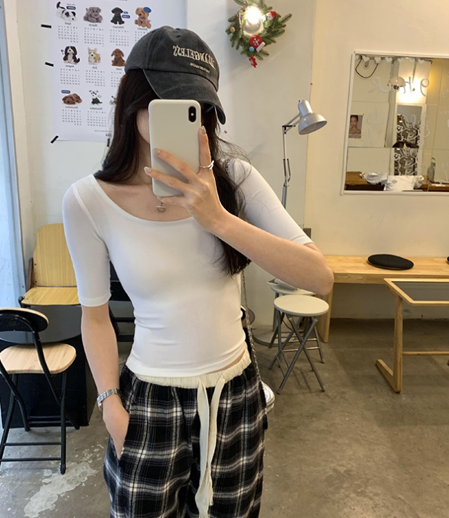 Wide collar tops Korean style T-shirt for women