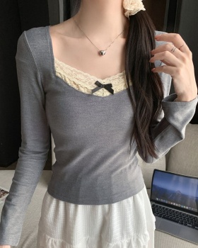 Lace screw thread long sleeve spring splice T-shirt