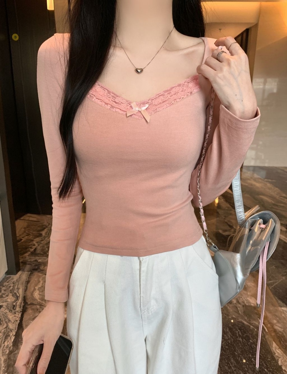 Lace screw thread long sleeve spring splice T-shirt