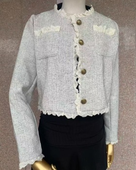 Camera round neck lace jacket splice unique slim tops