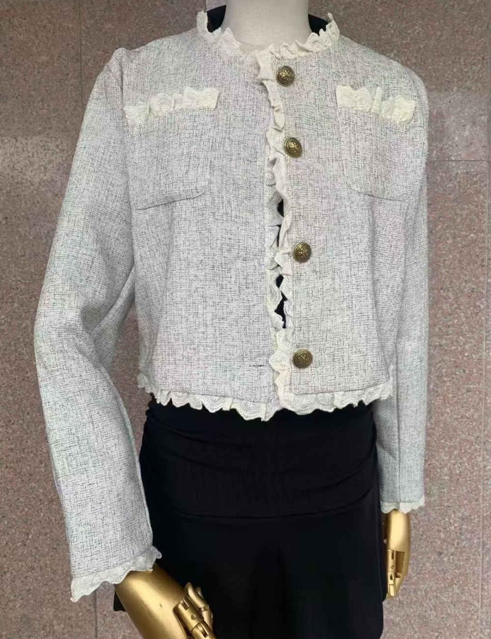 Camera round neck lace jacket splice unique slim tops